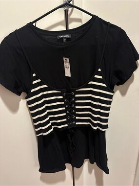 🆕 Express Black Tee with Black & White Striped Lace-Up Cami Overlay